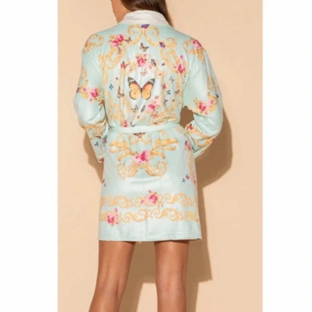 Wrap Up by VP Blue Baroque Women OSFM Butterfly Floral Micro-Terry Short Robe